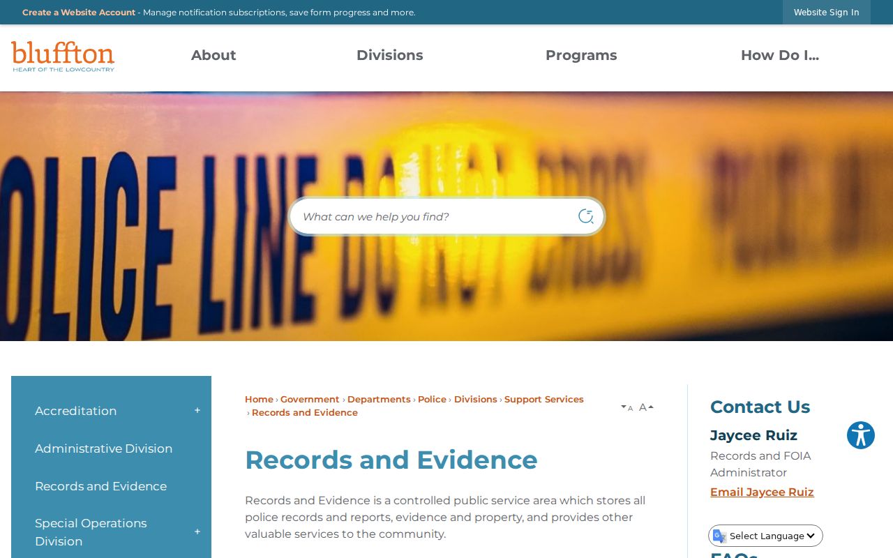 Beaufort County arrest records through Bluffton Police Records and Evidence