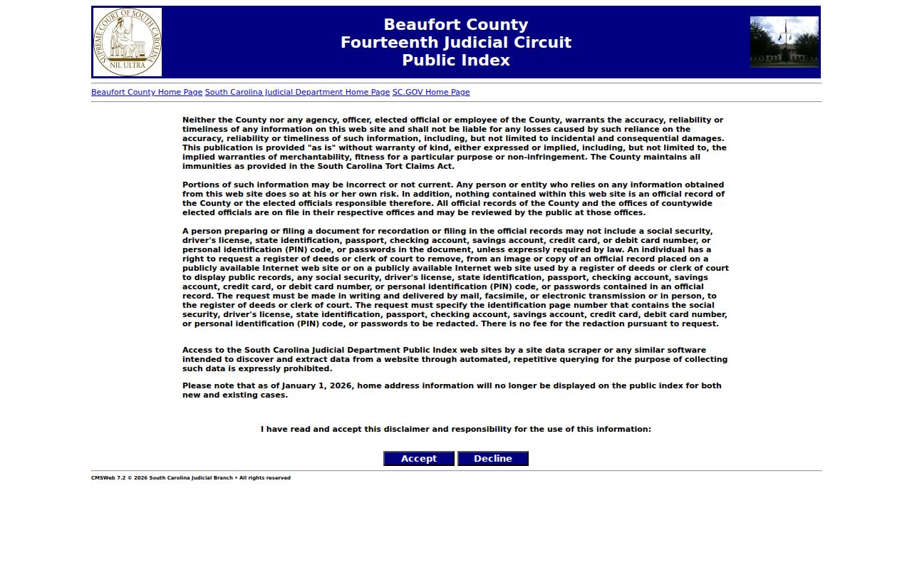 Beaufort County court case lookup Public Index search screen