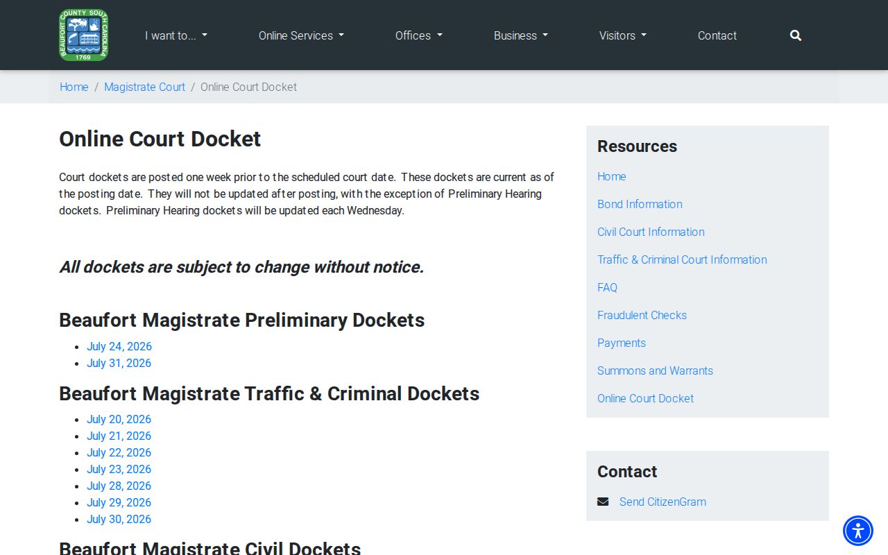 Beaufort County criminal court docket links and posting notice