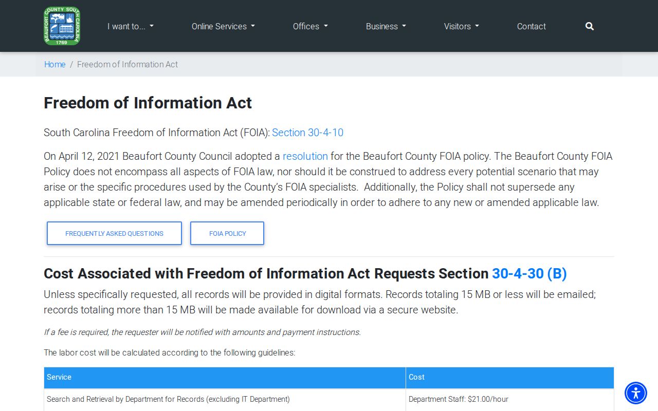 Beaufort County criminal history FOIA request instructions