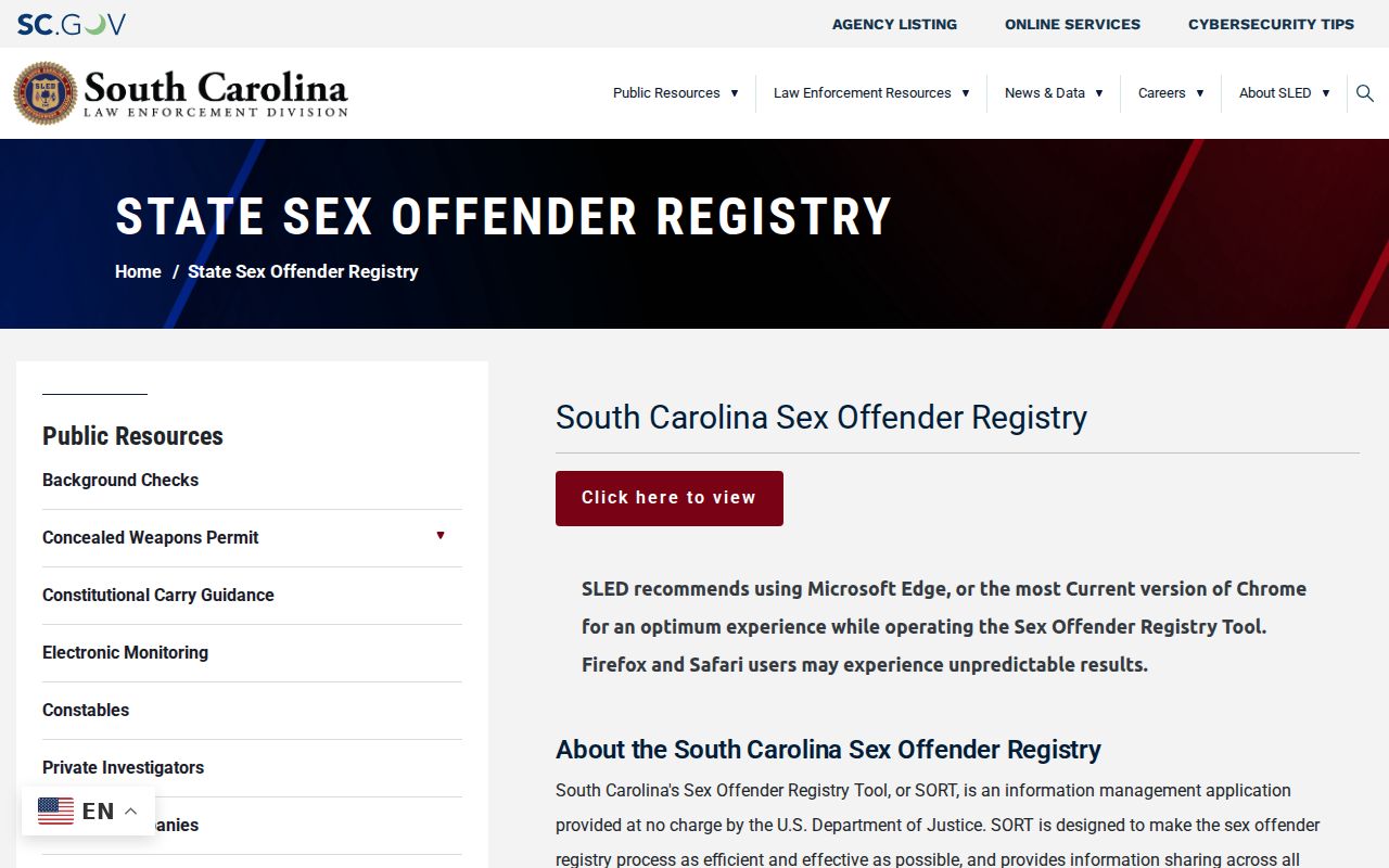 Beaufort County sex offender lookup information on the SLED registry page